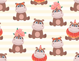 Seamless pattern with cute hippo