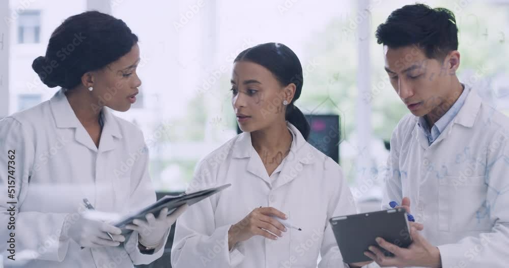 Poster Laboratory scientists using digital tablet while brainstorming and discussing chemical compound changes, reactions in experiment test. Biochemist pathologists working cure discovery to monkeypox