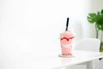 Strawberry smoothie milkshake in the cup on white table in coffee shop, concept food, drink and health, copy space