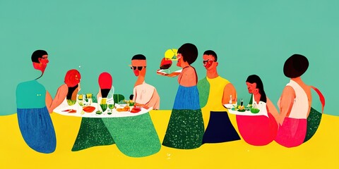 Diverse multi-ethnic friends having an outdoor dinner party BBQ or outdoor dining eating great food and drinking wine enjoying each others friendship