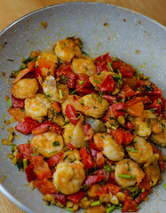 prawns in a pan, dinner, colorful dish, food photo