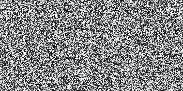 Seamless no signal transmission error black and white TV static noise pattern. Tileable television screen or video game pixel glitch or damage background texture. Retro 80s analog grunge graphic..