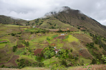 Panoramic view at village Ucumari at ecuadorian Andes at rainy cloudy day. Ecuador. Azuay province,...