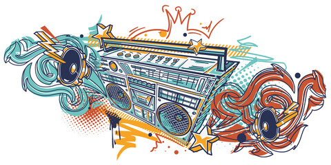 Musical boom box tape recorder and speakers with graffiti arrows, hand drawn music design