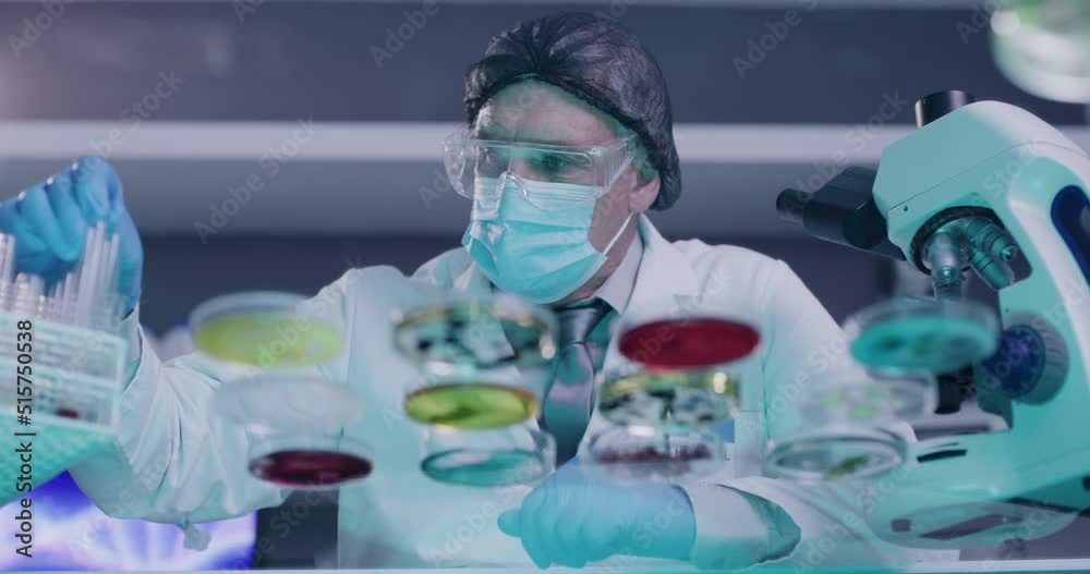 Poster Biochemist using dropper or pipette with multiple samples. Searching for infections cure. Laboratory scientist testing monkeypox chemical reactions in petri dishes on glass table for medical research