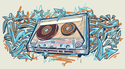 Musical design - drawn audio cassette and graffiti arrows street art