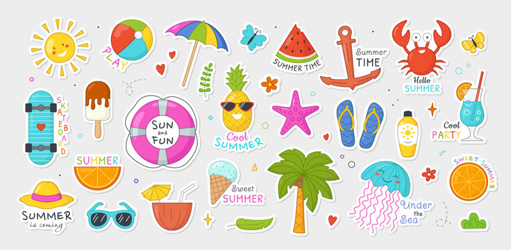 Set of summer holiday stickers. Badges with sun, watermelon, tropical palm, beachwear, ice cream and cocktail. Vacation or relaxing on beach. Cartoon flat vector collection isolated on gray background