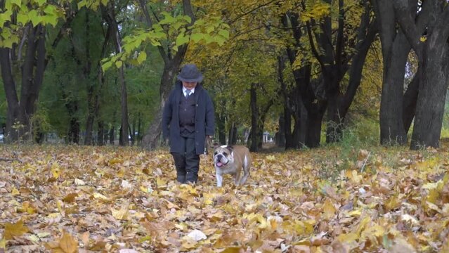 Slow Motion A child in black suit walks with a pug in the autumn park.