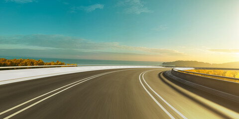 Curvy highway with beautiful seascape background view moving forward motion background