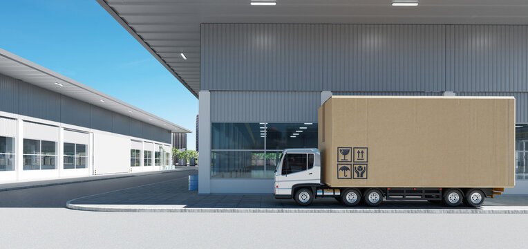 Cargo Truck With Big Cardboard Box Package Parking In Front Of The Factory