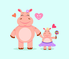 Plakat Flat vector illustration of hippopotamuses mother and daughter. 