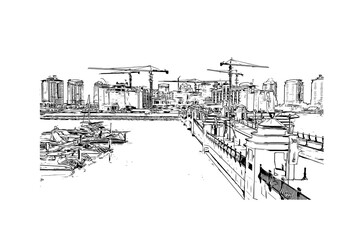 Fototapeta premium landmark of Doha is the capital of Qatar. Watercolor splash with hand drawn sketch illustration in vector.