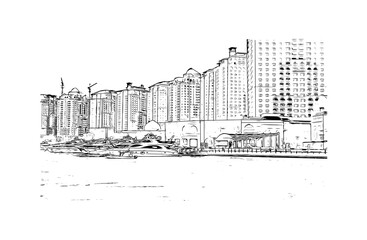 landmark of Doha is the capital of Qatar. Watercolor splash with hand drawn sketch illustration in vector.