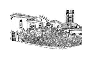 landmark of Doha is the capital of Qatar. Watercolor splash with hand drawn sketch illustration in vector.