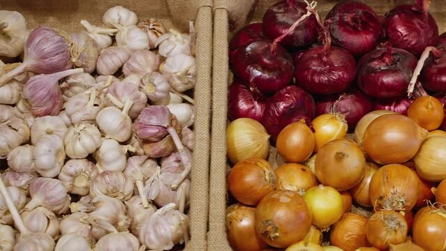garlic and different kind of onion on showcase of grocery or market