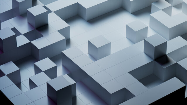 Neatly Aligned Glossy Blocks. Grey, Contemporary Tech Background. 3D Render.