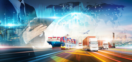 Smart logistics networks distribution of businessman using tablet and delivery transport technology...