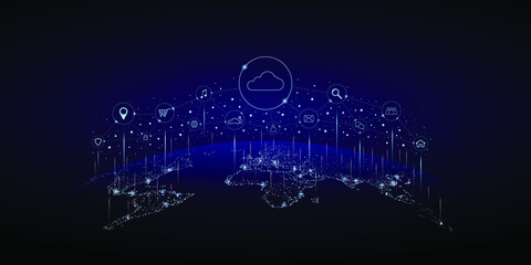 Global Infrastructure Storage and Sharing Technology On Dark Blue, Big Data Center, Future Infrastructure, Digital Cloud Computing Concept.