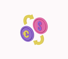 3D exchange and dollar coin icon. 3d render illustration