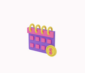 3D calendar and dollar coin icon. 3d render illustration