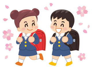 桜と小学生　ランドセル　入学　通学