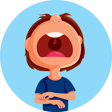 Boy Screaming with Pain Having an Itchy Rash Vector Cartoon Illustration - Child suffering from Painful pruritus caused by an allergic reaction 
