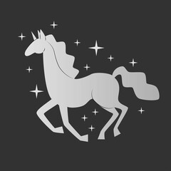 Unicorn. Silver silhouette on a dark background. A magical animal. Vector illustration. Running forward.