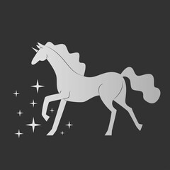 Fototapeta premium Unicorn. Silver silhouette on a dark background. A magical animal. Vector illustration. Beats with a hoof, the stars fly apart.
