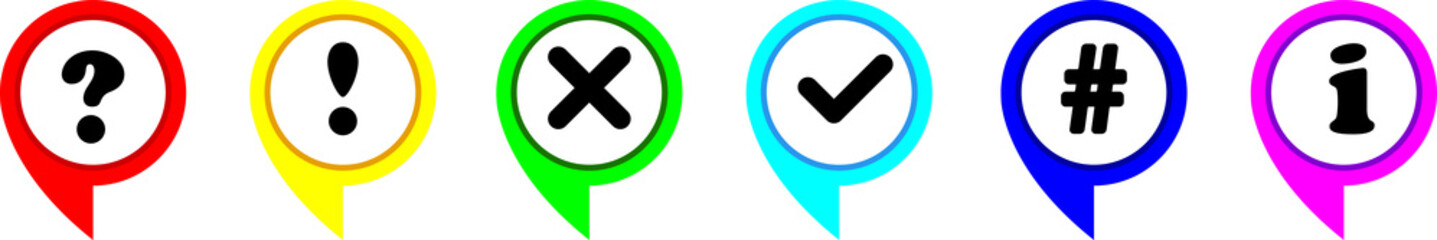 Obraz premium Icon set of check mark, cross, question mark, exclamation point, information icon. FAQ sign. Tick, question, information and answers mark. Help symbol.