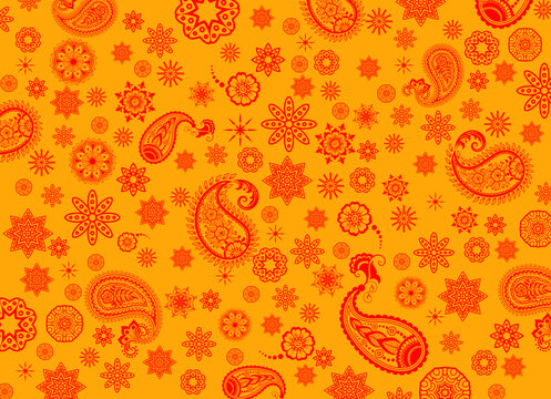 Vintage pasley style background with mandalas in orange color palette