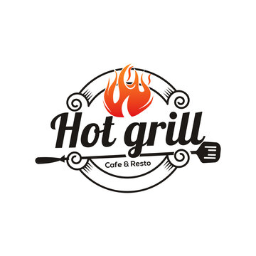 Vintage Grilled Barbecue Logo,Vector Fire Grill Food
