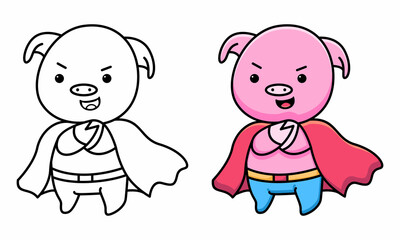 Cute pig superhero coloring page for kids