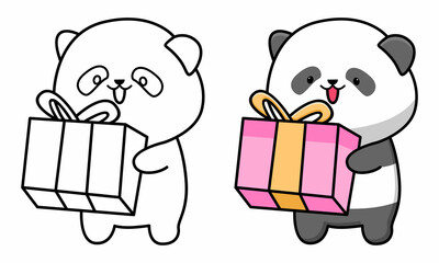 Cute panda with gift box coloring page for kids