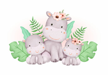 Watercolor illustration hippo family and tropical leaves - obrazy, fototapety, plakaty