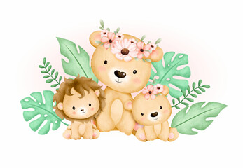 Watercolor illustration lion family and tropical leaves