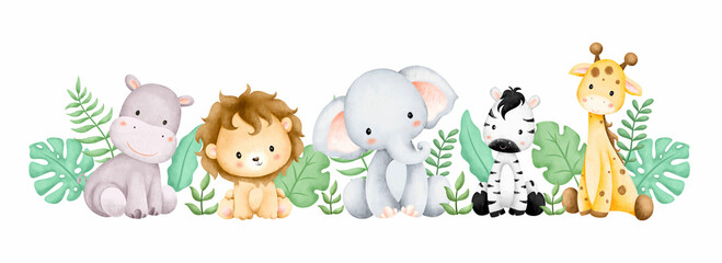 Obraz premium Watercolor illustration safari animals and tropical leaves