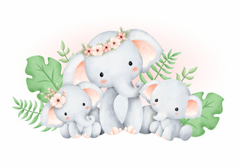 Watercolor illustration elephant family and tropical leaves © Stella