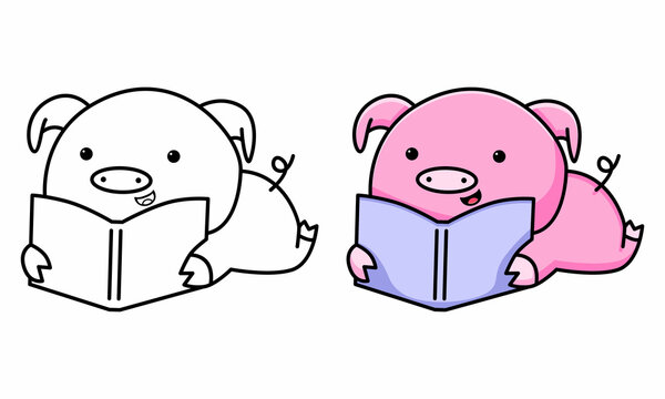 Cute pig reading a book coloring page for kids