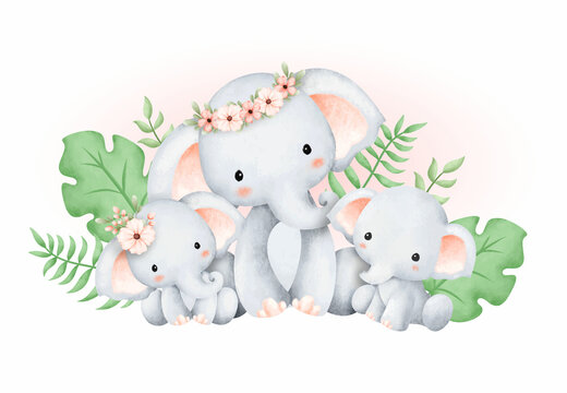 Watercolor illustration elephant family and tropical leaves
