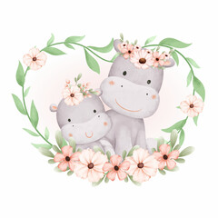 Watercolor mom and baby hippo in flower and leaves wreath