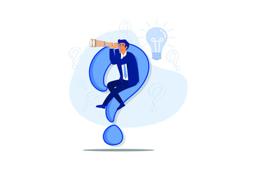 Obraz premium Curiosity explore unknown, curios businessman with huge question mark look through binoculars to search for new business idea. flat design modern illustration