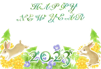 年賀状テンプレート 卯年（テキスト入り）／New Year's card template Year of the Rabbit (With text)