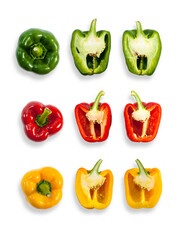 Slice and whole green, red, yellow bell peppers isolated on a white background, top view with clipping path.