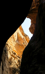 view from inside a canyon among the rocks of the mountains of the Middle Eastern desert