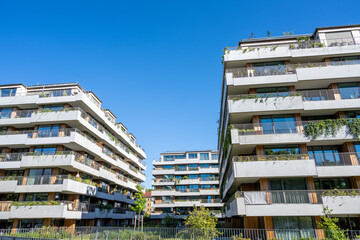 Modern apartment buildings with a concrete facade seen in Berlin, Germany