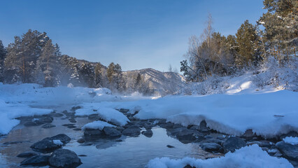 The ice-free river flows between the snow-covered banks. Steam over the water, hoarfrost on the rocks. Coniferous forest and mountains against the blue sky. Altai
