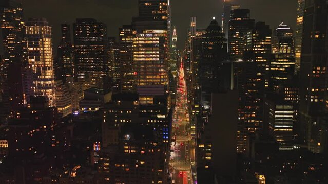 Busy streets in downtown at dusk. Manhattan, New York City, USA