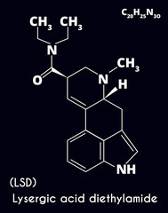 LSD molecule isolated on black background. Recreational drug. Vector illustration.