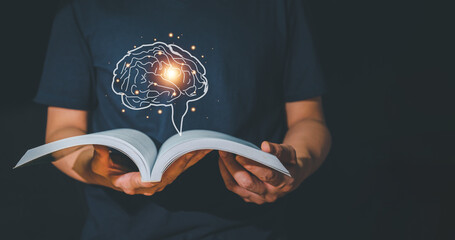 Reader man opens a book, finds new ideas with realistic brain icons, simulating new ideas. Ideas...