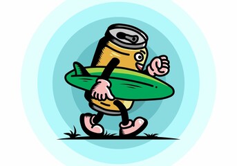 illustration of a drink can holding a surfboard